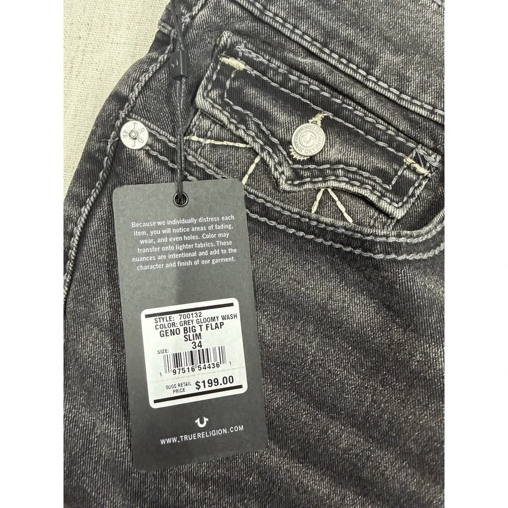 True Religion Geno Big T Flap Jeans Grey Wash Slim Fit Mens 34x32 NWT